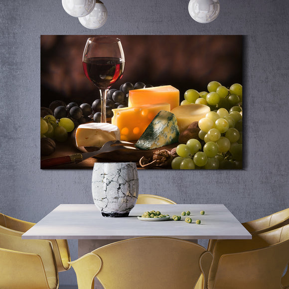 Framed Canvas Wall Art Decor Painting, Still Life Grape, Wine and Cheese Painting Decoration For Restaurant, Kitchen, Dining Room, Office Living Room, Bedroom Decor-Ready To Hang