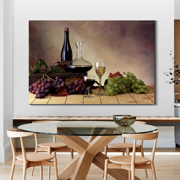 Framed Canvas Wall Art Decor Painting, Still Life Grape, and Wine Bottle Painting Decoration For Restaurant, Kitchen, Dining Room, Office Living Room, Bedroom Decor-Ready To Hang