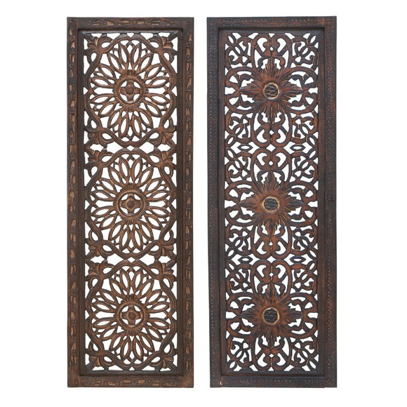 Floral Hand Carved Wooden Wall Panels, Assortment of Two, Brown