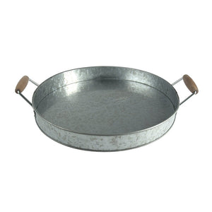 Round Galvanized Metal Serving Tray With Wooden Handles, Gray