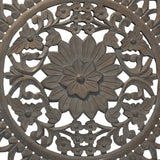 36 Inch Handcarved Wooden Round Wall Art with Floral Carving, Distressed Brown