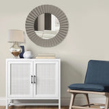 DunaWest 32 Inch Round Beveled Floating Wall Mirror with Corrugated Design Wooden Frame, Gray